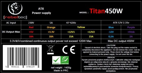 Zasilacz ATX Rebeltec TITAN 450 12cm fan + kabel