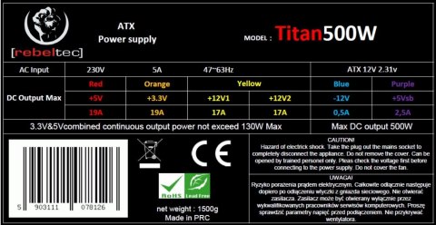 Zasilacz ATX Rebeltec TITAN 500 12cm fan + kabel