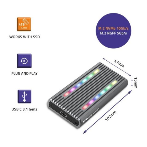 Qoltec 52272 Obudowa | kieszeń na dysk M.2 SSD | SATA | NVMe | RGB LED | USB-C | 4TB Qoltec 52272 Obudowa | kieszeń na dysk M.2 SSD | SATA | NVMe | RGB LED | USB-C | 4TB