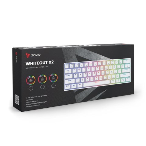 Klawiatura przewodowa SAVIO WHITEOUT X2 Blue Outemu, Hot Swap, mechaniczna, podświetlenie RGB Klawiatura przewodowa SAVIO WHITEOUT X2 Blue Outemu, Hot Swap, mechaniczna, podświetlenie RGB