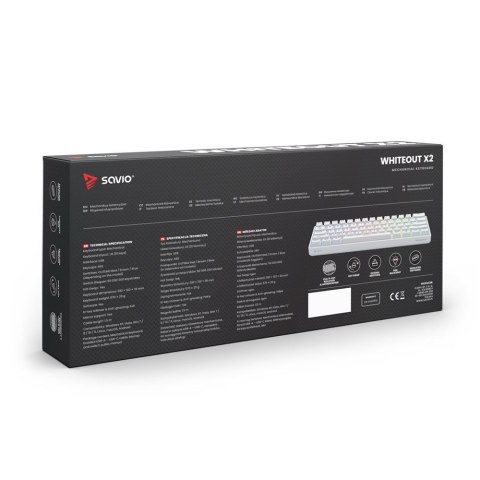 Klawiatura przewodowa SAVIO WHITEOUT X2 Blue Outemu, Hot Swap, mechaniczna, podświetlenie RGB Klawiatura przewodowa SAVIO WHITEOUT X2 Blue Outemu, Hot Swap, mechaniczna, podświetlenie RGB