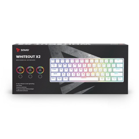 Klawiatura przewodowa SAVIO WHITEOUT X2 Blue Outemu, Hot Swap, mechaniczna, podświetlenie RGB Klawiatura przewodowa SAVIO WHITEOUT X2 Blue Outemu, Hot Swap, mechaniczna, podświetlenie RGB