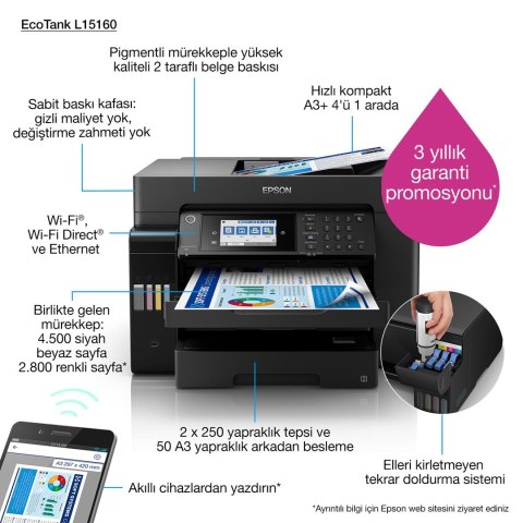 Epson EcoTank L15160 Kolorowy, Atramentowy, Drukarka wielofunkcyjna, A3+, Wi-Fi, Czarny