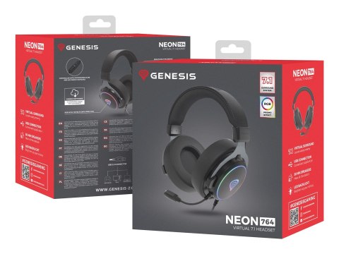 SŁUCHAWKI NAUSZNE GENESIS NEON 764 RGB Z MIKROFONEM PODŚWIETLENIE CZARNE USB