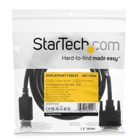 StarTech.com DP2DVI2MM6 adapter kablowy 1,8 m DisplayPort DVI-D Czarny