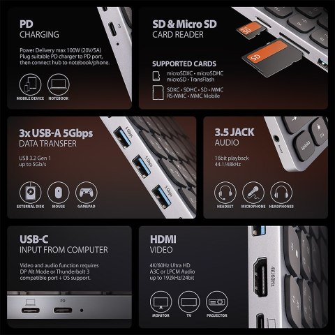 Axagon HMC-KB-US stacja dokująca Przewodowa USB 3.2 Gen 1 (3.1 Gen 1) Type-C Szary Axagon HMC-KB-US stacja dokująca Przewodowa USB 3.2 Gen 1 (3.1 Gen 1) Type-C Szary