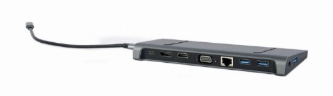 GEMBIRD MULTI ADAPTER USB TYP-C 9W1 (HUB3.0 + HDMI + DISPLAYPORT + VGA + PD + LAN + DŹWIĘK STEREO), SZARY