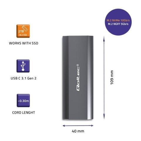 Qoltec 52271 Obudowa | kieszeń NV2271 na dysk M.2 SSD | SATA | NVMe | USB-C | 2TB