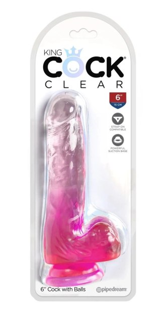 King Cock Clear - Realistyczne Dildo Z Jądrami I Przyssawką Przezroczyste-Różowe 15 CM