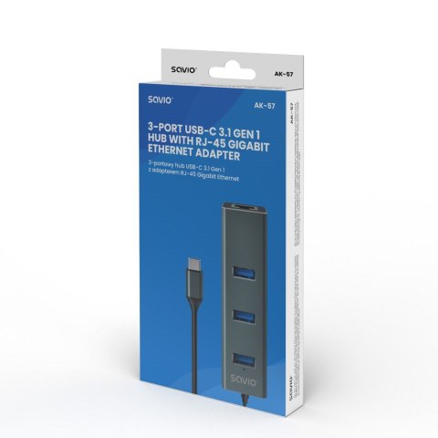 Savio AK-57 HUB USB-C - 3 x USB-A z adapterem RJ-45 Gigabit Ethernet, 5000 Mbit/s, Szary