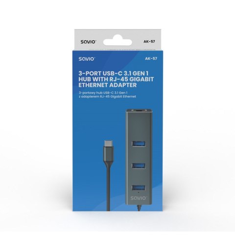 Savio AK-57 HUB USB-C - 3 x USB-A z adapterem RJ-45 Gigabit Ethernet, 5000 Mbit/s, Szary