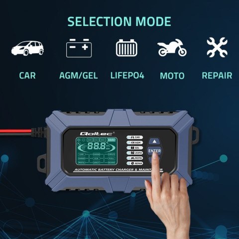 Qoltec Inteligentna mikroprocesorowa ładowarka z testerem baterii i funkcją naprawy 12V | 6A | LCD | Prostownik do akumulatora A