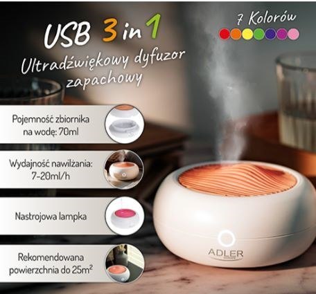 Ultradźwiękowy dyfuzor zapachowy USB 3w1 Adler