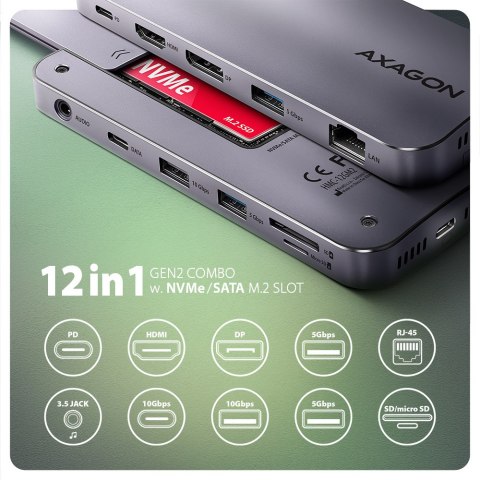 Axagon HMC-12GM2 stacja dokująca Przewodowa USB 3.2 Gen 2 (3.1 Gen 2) Type-C Szary Axagon HMC-12GM2 stacja dokująca Przewodowa USB 3.2 Gen 2 (3.1 Gen 2) Type-C Szary