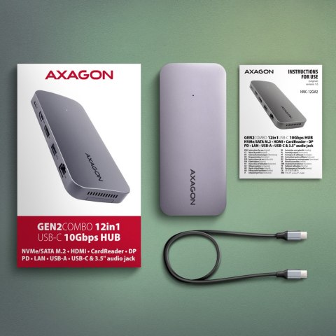 Axagon HMC-12GM2 stacja dokująca Przewodowa USB 3.2 Gen 2 (3.1 Gen 2) Type-C Szary Axagon HMC-12GM2 stacja dokująca Przewodowa USB 3.2 Gen 2 (3.1 Gen 2) Type-C Szary