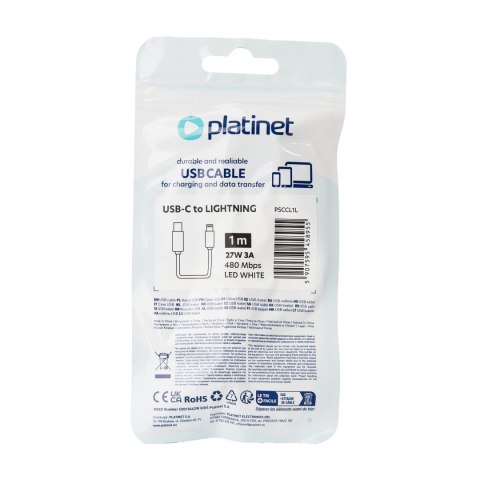 PLATINET CABLE KABEL USB-C TO LIGHTNING 27W 3A LED 1M WHITE [45895]
