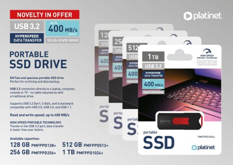 PLATINET PORTABLE SSD DRIVE USB 3.2 UP TO 400MB/s 128GB BLACK [46157]