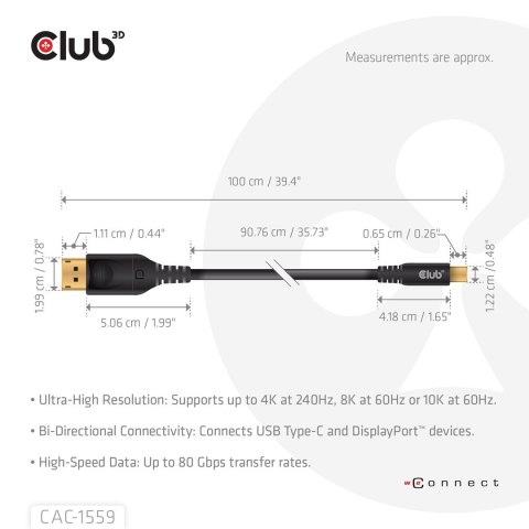 Kabel USB-C to DP 1M/M/M CAC-1559 Club3D Kabel USB-C to DP 1M/M/M CAC-1559 Club3D