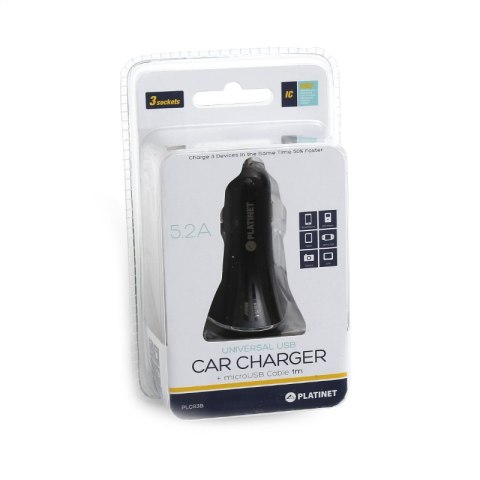 PLATINET CAR CHARGER ŁADOWARKA SAMOCHODOWA 3xUSB 5,4A 27W + MICRO CABLE KABEL 1m BLACK [43721]