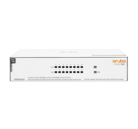 Aruba Instant On 1430 8G Class4 PoE 64W Nie zarządzany L2 Gigabit Ethernet (10/100/1000) Obsługa PoE Biały Aruba Instant On 1430 8G Class4 PoE 64W Nie zarządzany L2 Gigabit Ethernet (10/100/1000) Obsługa PoE Biały