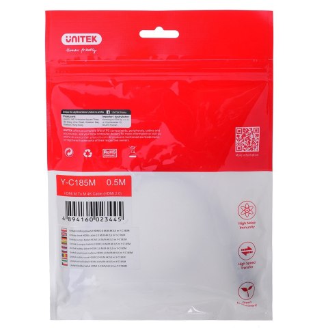 UNITEK KABEL HDMI 2.0 M/M 4K 60HZ, 0,5M, Y-C185M UNITEK KABEL HDMI 2.0 M/M 4K 60HZ, 0,5M, Y-C185M