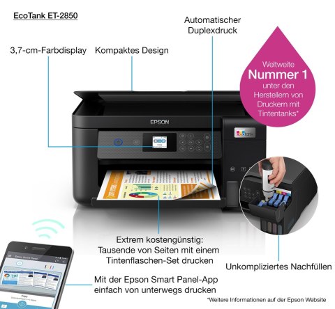 Drukarka Epson EcoTank ET-2850 3w1-Tintenstrahl A4 WiFi/WLan Duplex Drukarka Epson EcoTank ET-2850 3w1-Tintenstrahl A4 WiFi/WLan Duplex