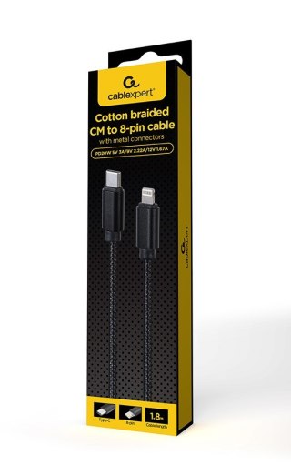 GEMBIRD KABEL USB CM - DO 8 PIN W OPLOCIE TEKSTYLNYM, WTYKI W OSŁONIE METALOWEJ 1.8M, ŁADOWANIE/TRANSMISJA DANYCH, CZARNY