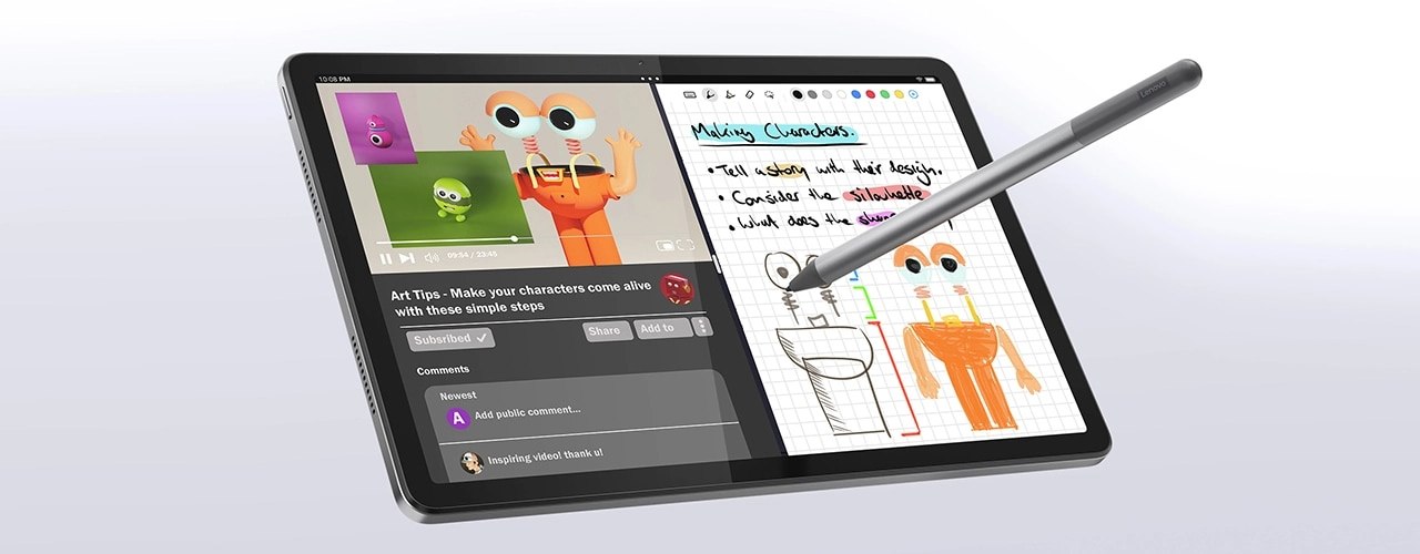 Split screen on Lenovo Tab M11 tablet with video playing and note taking with optional pen