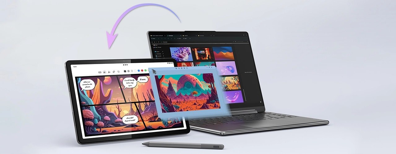 Lenovo Tab M11 tablet next to laptop with optional pen